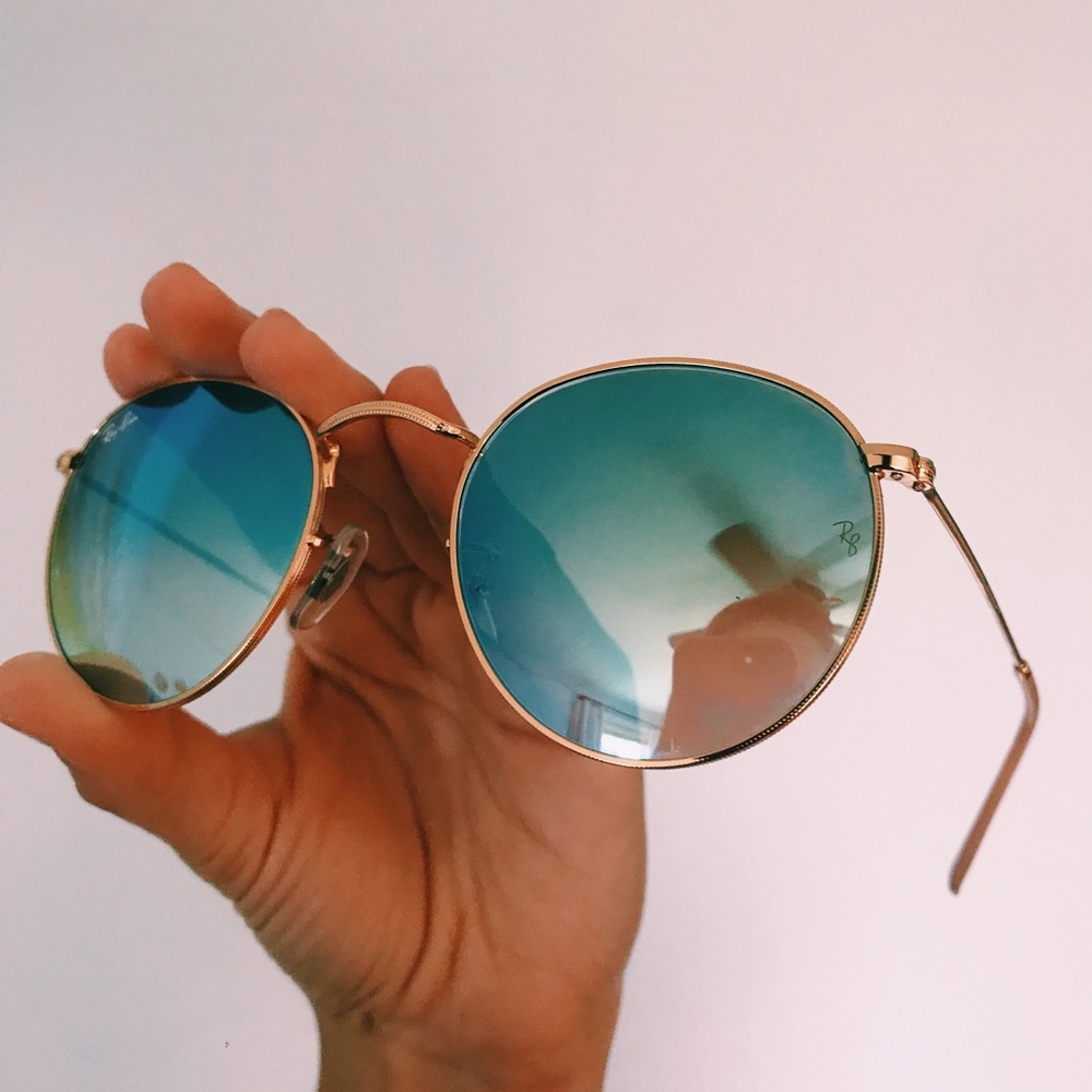 Ray Ban Round Metal Gold Rim Blue Mirror